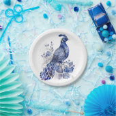 Blauw en wit Delfts stijl pauw met bloemen Papieren Bordje (Feest)