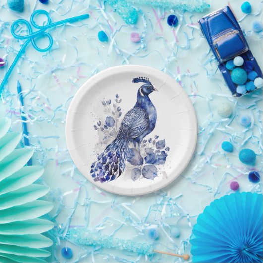 Blauw en wit Delfts stijl pauw met bloemen Papieren Bordje (Feest)