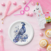Blauw en wit Delfts stijl pauw met bloemen Papieren Bordje (Feest)