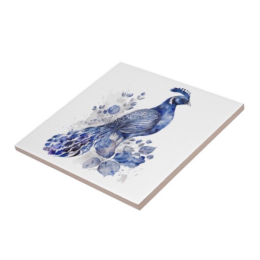 Blauw en wit Delfts stijl pauw met bloemen Tegeltje (Zijkant)