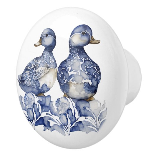 Blauw en wit Delfts stijl schattige eenden met blo Keramische Knop (Rechts)
