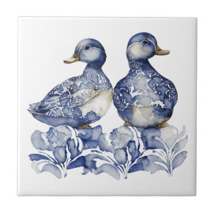 Blauw en wit Delfts stijl schattige eenden met blo Tegeltje