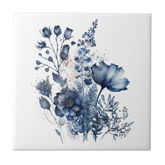 Blauw en wit Delfts stijl wildflower boeket Tegeltje (Voorkant)