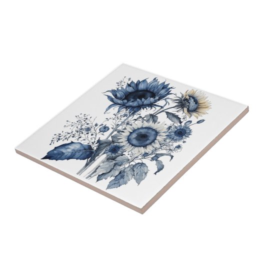 Blauw en wit Delfts stijl zonnebloemen boeket Tegeltje (Zijkant)