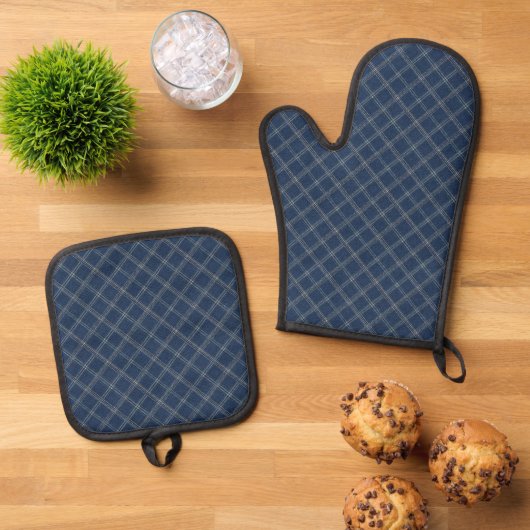 Blauw en wit denim look ovenwant & pannenlap set (Top down)