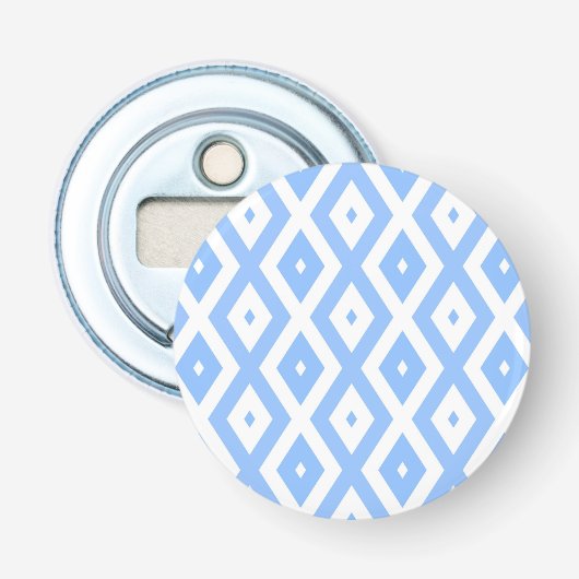 Blauw en wit diamantpatroon button flesopener (Voorkant)
