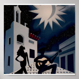  blauw en wit Digitaal Deco Poster