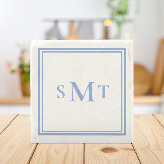 Blauw en Wit Driedelige Monogram Stenen Onderzetter