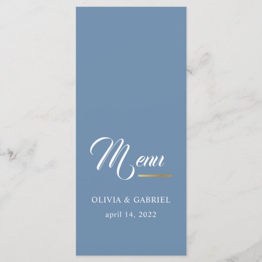 Blauw en wit. Eenvoudig stijlvol menu voor bruilof (Voorkant)