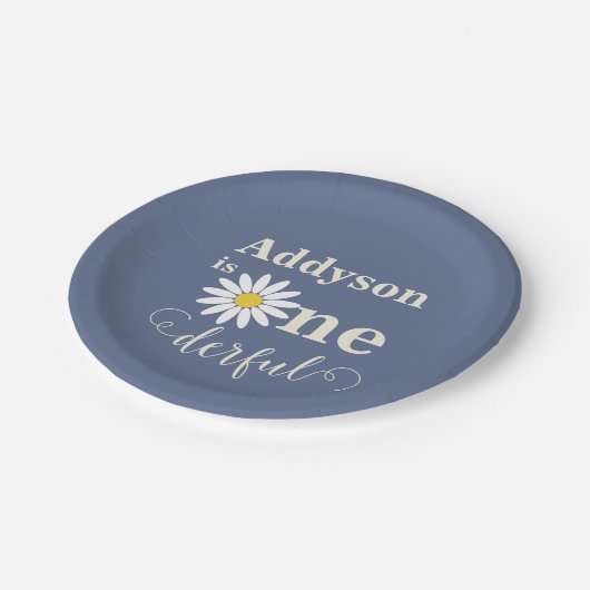 Blauw en Wit Eerste Verjaardag Daisy Papieren Bordje (Gekanteld)