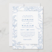Blauw en Wit Elegant Bloem QR Code Bruiloft Kaart (Voorkant)