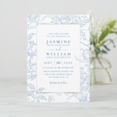 Blauw en Wit Elegant Bloem QR Code Bruiloft Kaart (Staand voorkant)