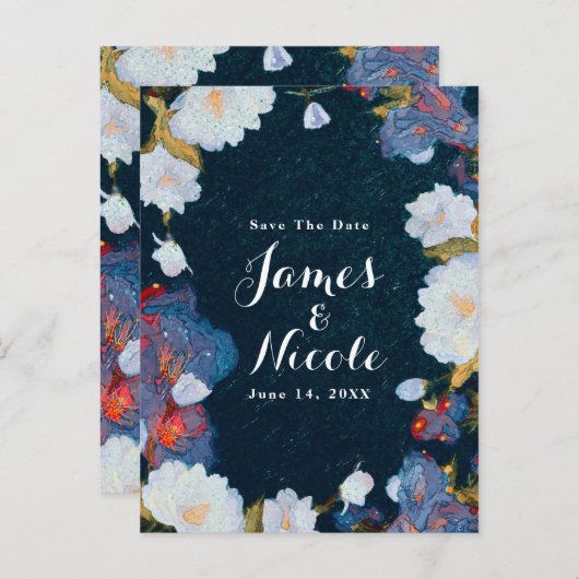 Blauw en wit Elegant modern Floral sparen de Datum Aankondigingskaart (Voorkant / Achterkant)