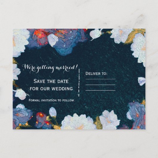 Blauw en wit Elegant modern Floral sparen de Datum Aankondigingskaart (Achterkant)