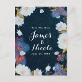 Blauw en wit Elegant modern Floral sparen de Datum Aankondigingskaart (Voorkant)