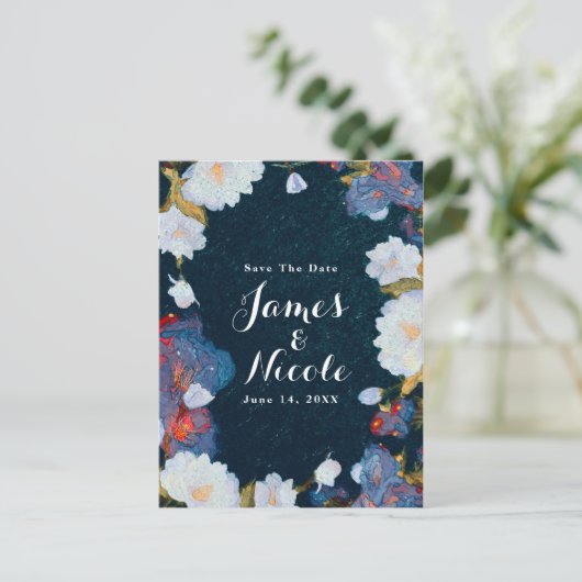 Blauw en wit Elegant modern Floral sparen de Datum Aankondigingskaart (Staand voorkant)