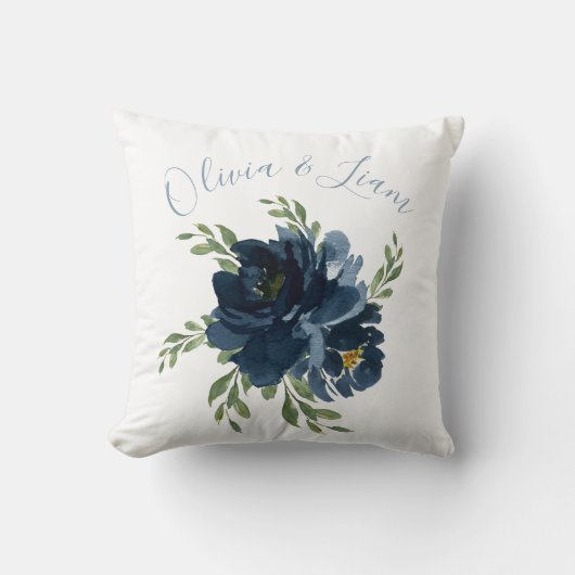 Blauw en wit Elegant Names Waterverf Wedding Kussen (Voorkant)