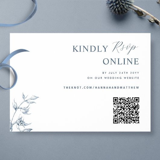Blauw en wit Elegant QR-code RSVP Weddenschap Informatiekaartje