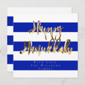 Blauw en wit elegant script Gelukkig Hanukkah Feestdagenkaart (Voorkant / Achterkant)