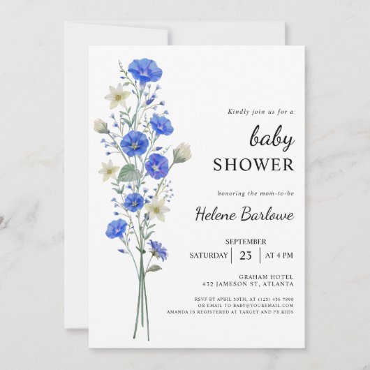 Blauw en wit Elegant Wildflower Baby shower Kaart (Voorkant)