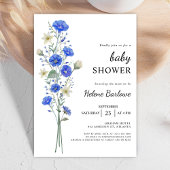 Blauw en wit Elegant Wildflower Baby shower Kaart