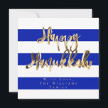 Blauw en Wit Ellegant Schrift Gelukkig Hanukkah Feestdagenkaart<br><div class="desc">Gelukkig Hanukkah Typografie Ellegant Schrift, Nep Goud Folie Tekst en Gestreept Patroon in Blauw en Wit Israëlische Vlag Kleuren, Chic Moderne Hanukkah Kaart</div>