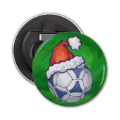 Blauw en wit feestelijk Voetbal op groen Button Flesopener (Voorkant)