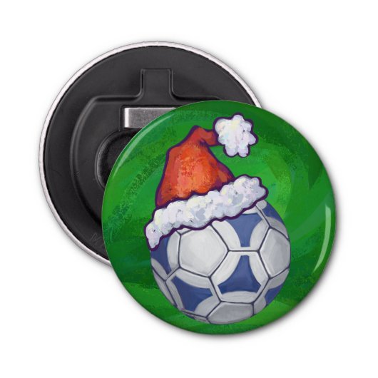 Blauw en wit feestelijk Voetbal op groen Button Flesopener (Voorkant)