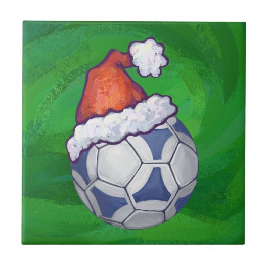 Blauw en wit feestelijk Voetbal op groen Tegeltje (Voorkant)