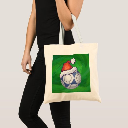 Blauw en wit feestelijk Voetbal op groen Tote Bag (Voorkant (product))