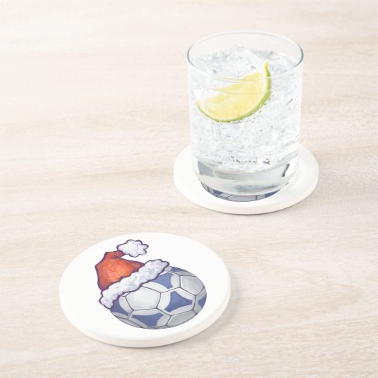 Blauw en wit feestelijk Voetbal op groen Zandsteen Onderzetter (Zijkant)