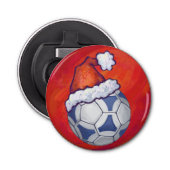 Blauw en wit feestelijk Voetbal op rood Button Flesopener (Voorkant)