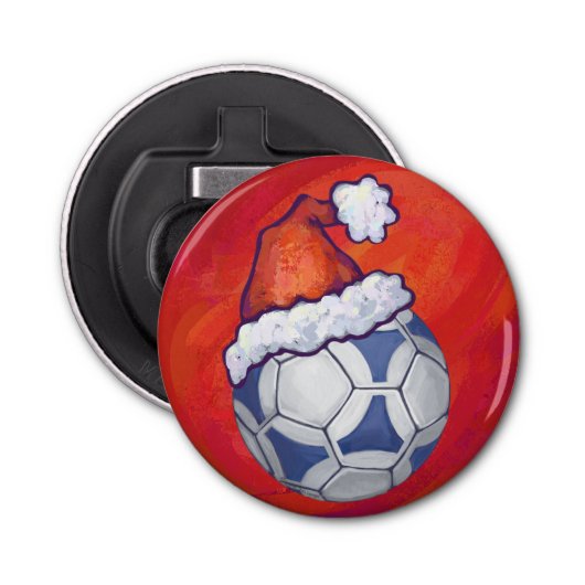 Blauw en wit feestelijk Voetbal op rood Button Flesopener (Voorkant)
