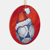 Blauw en wit feestelijk Voetbal op rood Keramisch Ornament (Rechts)
