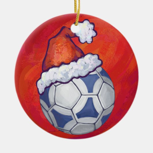 Blauw en wit feestelijk Voetbal op rood Keramisch Ornament (Voorkant)