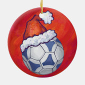 Blauw en wit feestelijk Voetbal op rood Keramisch Ornament (Achterkant)