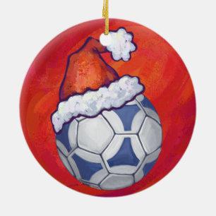 Blauw en wit feestelijk Voetbal op rood Keramisch Ornament
