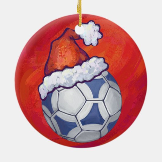 Blauw en wit feestelijk Voetbal op rood Keramisch Ornament (Achterkant)