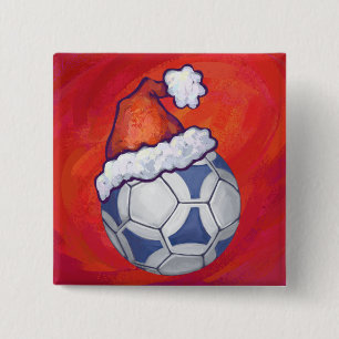 Blauw en wit feestelijk Voetbal op rood Vierkante Button 5,1 Cm