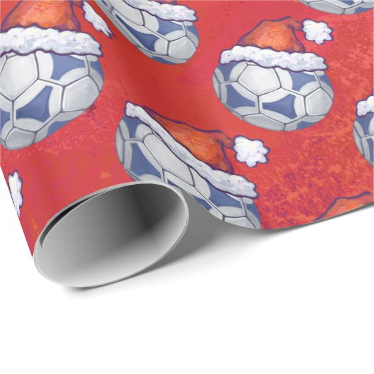 Blauw en wit feestelijk Voetbal Patroon op rood Cadeaupapier (Rol Hoek)
