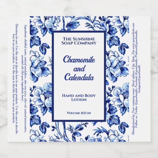 Blauw en wit floraal cosmetica flesetiket sparkling wijnetiket (Enkel label)