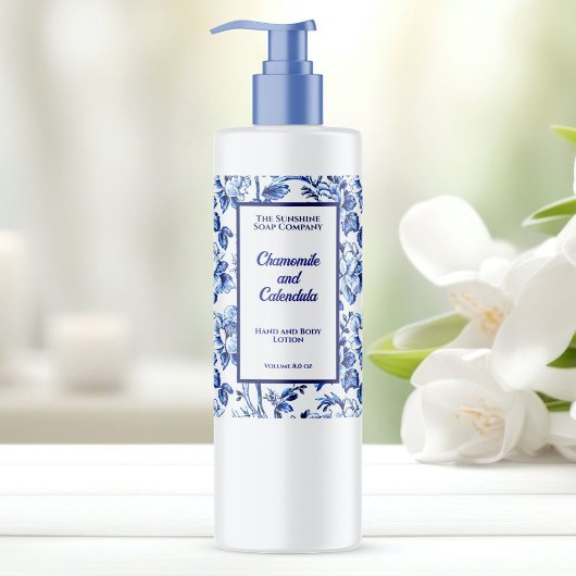 Blauw en wit floraal cosmetica flesetiket sparkling wijnetiket