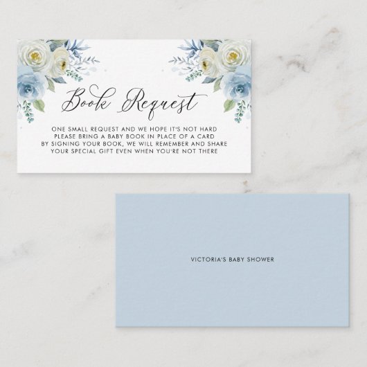 Blauw en wit Floral Baby shower Book Request Kaart Plaatskaartje (Voorkant / Achterkant)