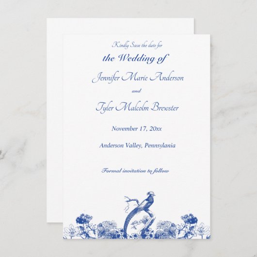 Blauw en wit floral China Patroon met vogel Kaart (Voorkant / Achterkant)