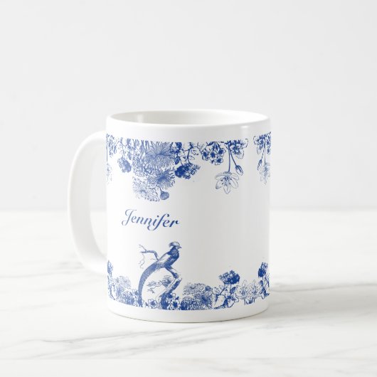 Blauw en wit floral China Patroon met vogel Koffiemok (Voorkant links)