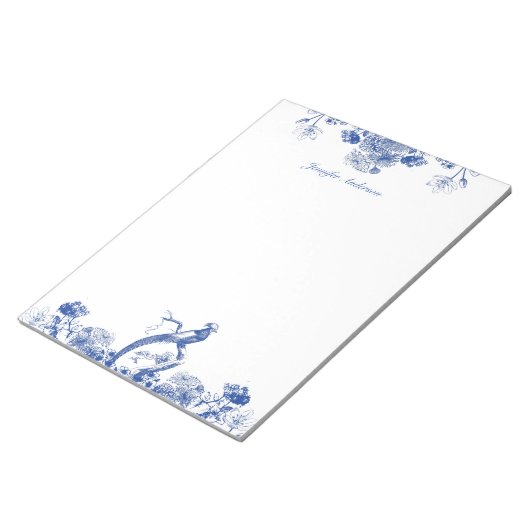 Blauw en wit floral China Patroon met vogel Notitieblok (Schuin)
