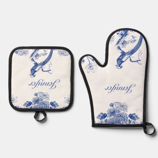 Blauw en wit floral China Patroon met vogel Ovenwant & Pannenlap Set (Voorkant)