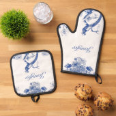 Blauw en wit floral China Patroon met vogel Ovenwant & Pannenlap Set (Top down)