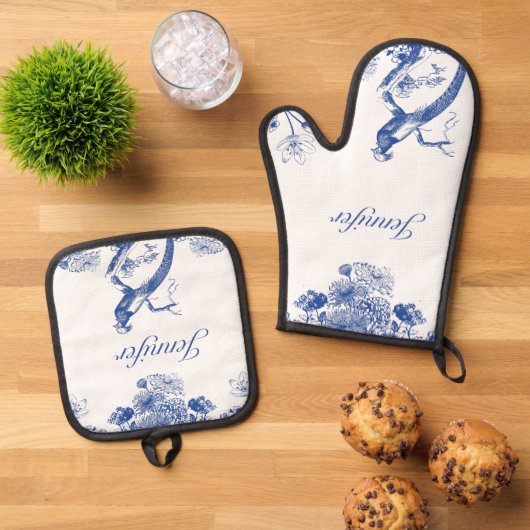 Blauw en wit floral China Patroon met vogel Ovenwant & Pannenlap Set (Top down)
