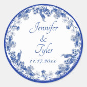 Blauw en wit floral China Patroon met vogel Ronde Sticker (Voorkant)